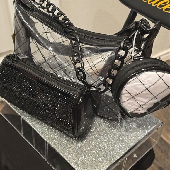 Steve Madden Clear/Black Crossbody Bag w/ Rhinestone Pouch & Round Coin Wallet - Picture 3 of 11